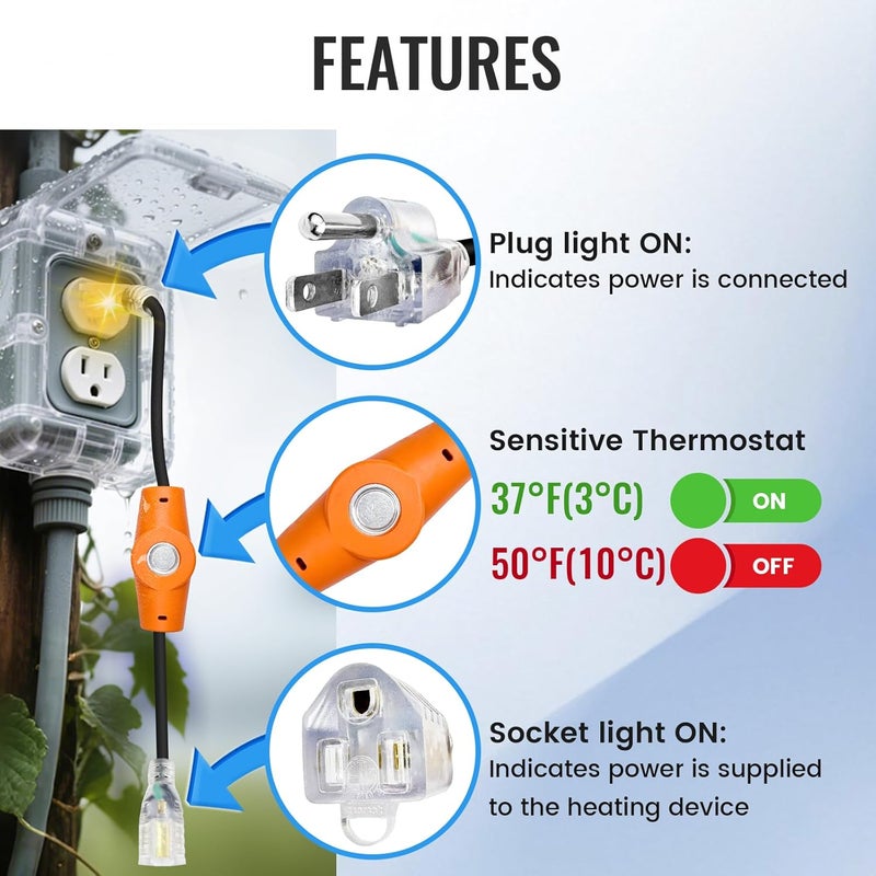 MAXKOSKO 2PCS 120V Temperature Controlled Extension Cord, Heat Cable Controller, Thermostatically Controlled Outlet Auto On/Off Below 37°F/Over 50°F, 20" Cord for Covered Outdoor Outlets - Image 3